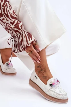 Damskie Mokasyny Na Platformie Z Kamieniami Białe Elonore