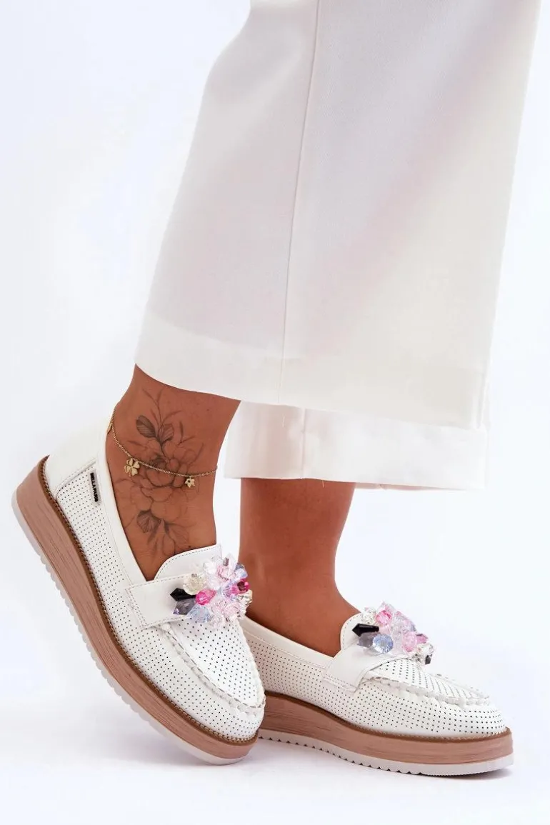 Damskie Mokasyny Na Platformie Z Kamieniami Białe Elonore