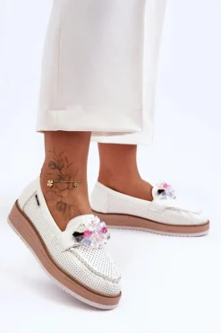 Damskie Mokasyny Na Platformie Z Kamieniami Białe Elonore