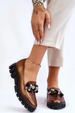 Damskie Mokasyny Na Platformie Laura Messi 2392 Ciemnozłote