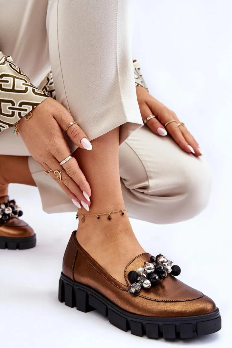 Damskie Mokasyny Na Platformie Laura Messi 2392 Ciemnozłote