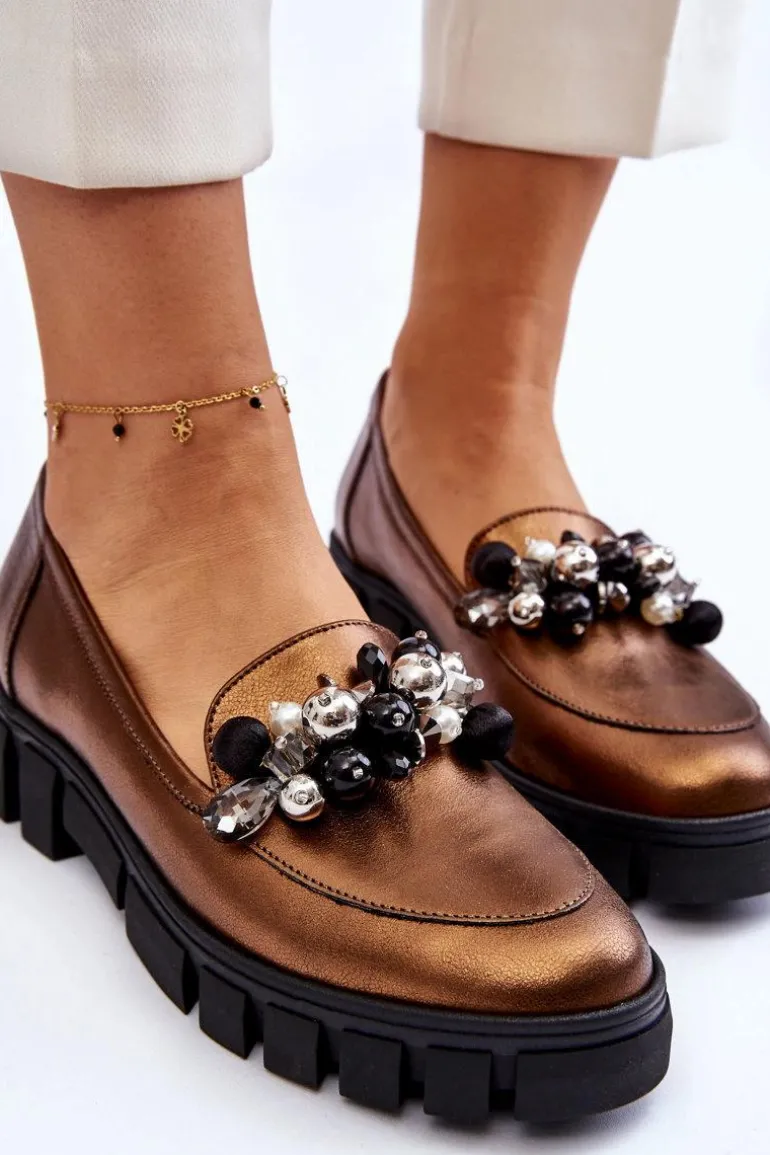 Damskie Mokasyny Na Platformie Laura Messi 2392 Ciemnozłote