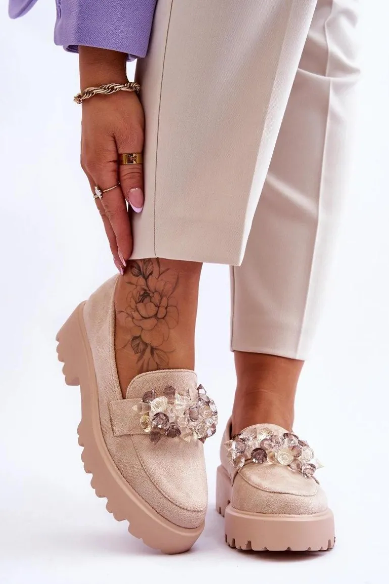 Damskie Mokasyny Na Platformie Z Ozdobami Beżowe Brenda