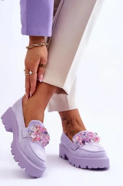 Damskie Mokasyny Na Platformie Z Ozdobami Fioletowe Brenda