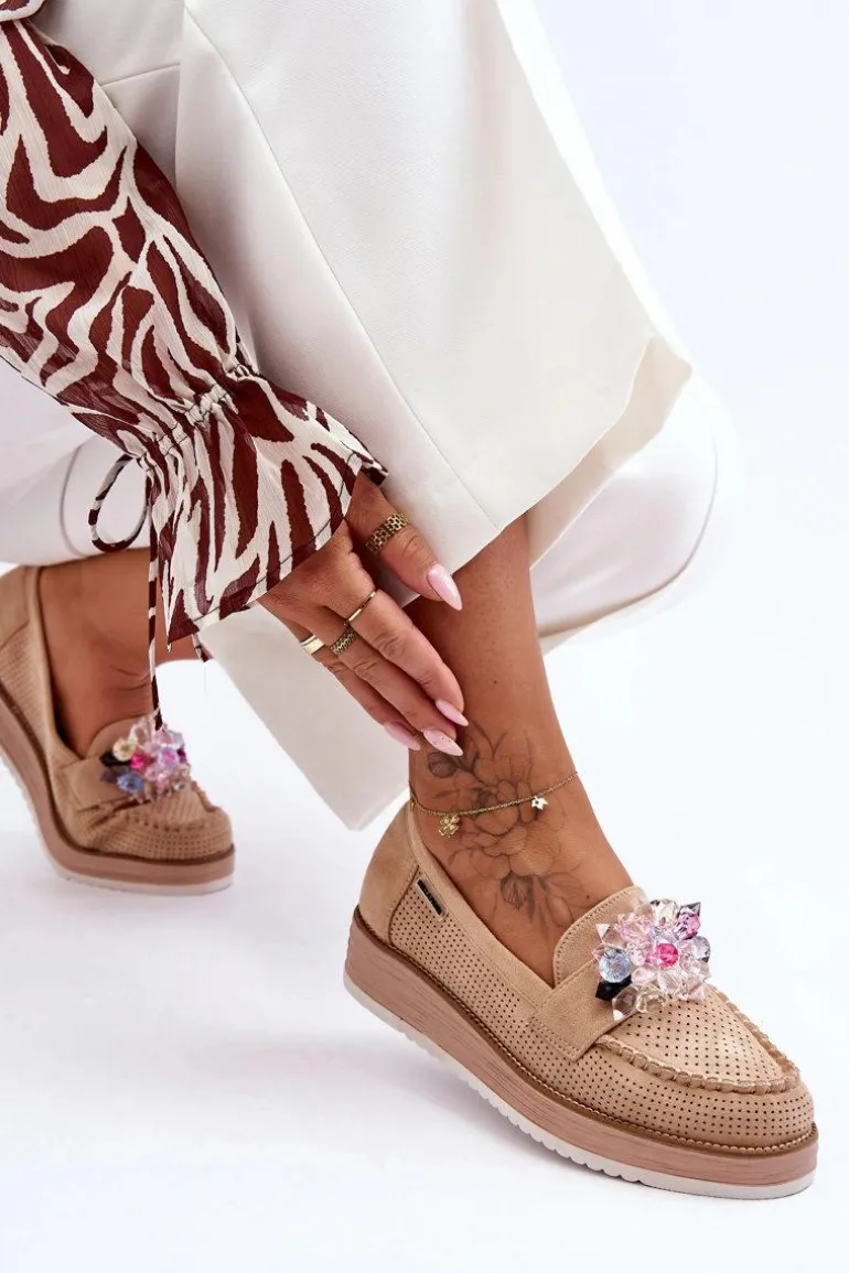 Damskie Mokasyny Na Platformie Z Kamieniami Beżowe Elonore