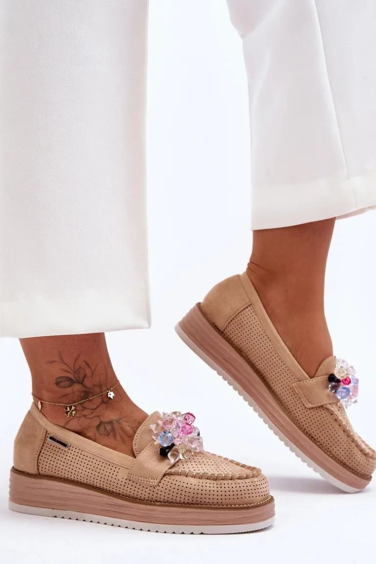 Damskie Mokasyny Na Platformie Z Kamieniami Beżowe Elonore