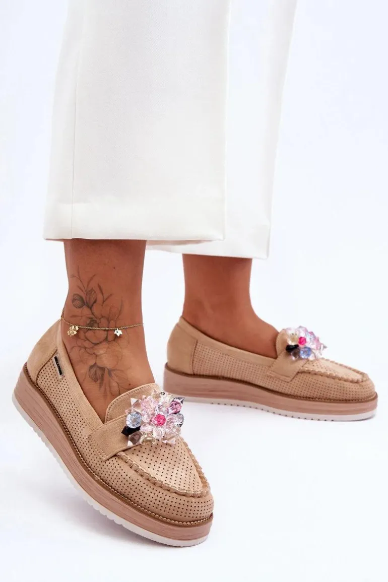 Damskie Mokasyny Na Platformie Z Kamieniami Beżowe Elonore