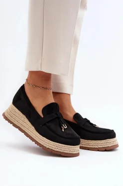 Damskie Mokasyny Na Plecionej Podeszwie Czarne Torresia