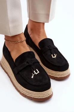 Damskie Mokasyny Na Plecionej Podeszwie Czarne Torresia