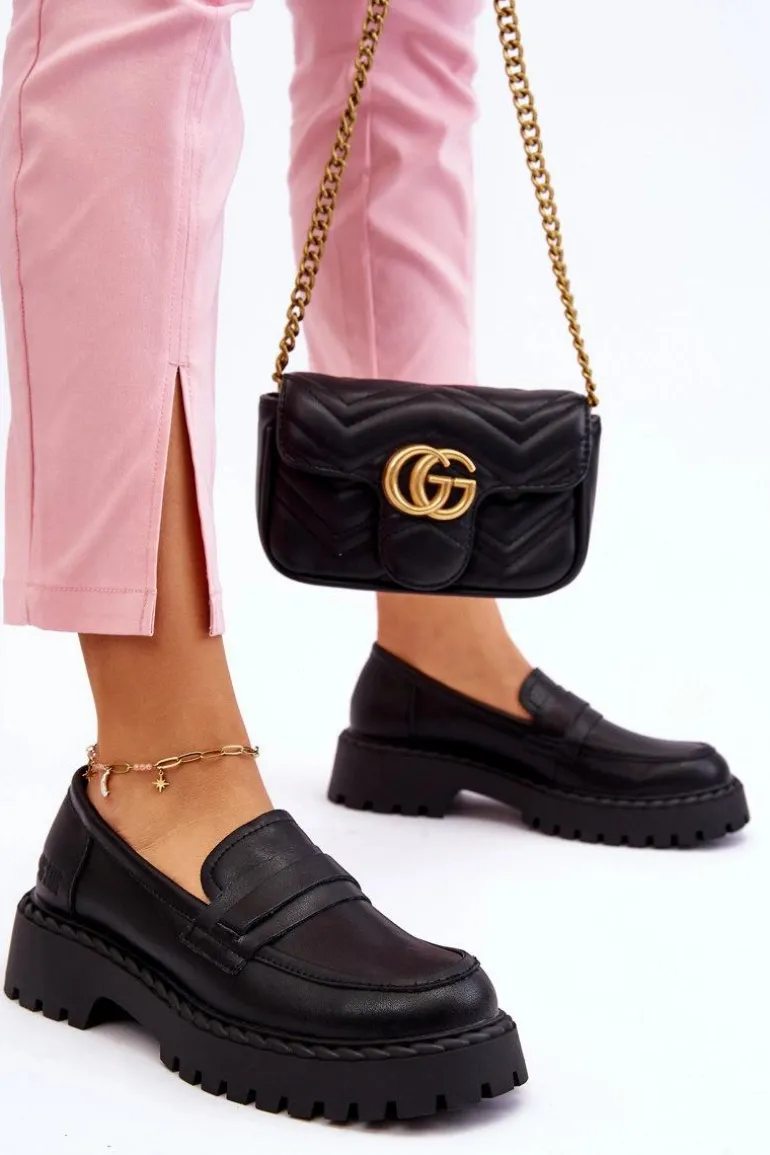 Damskie Mokasyny Półbuty Skórzane Big Star LL274458 Czarne