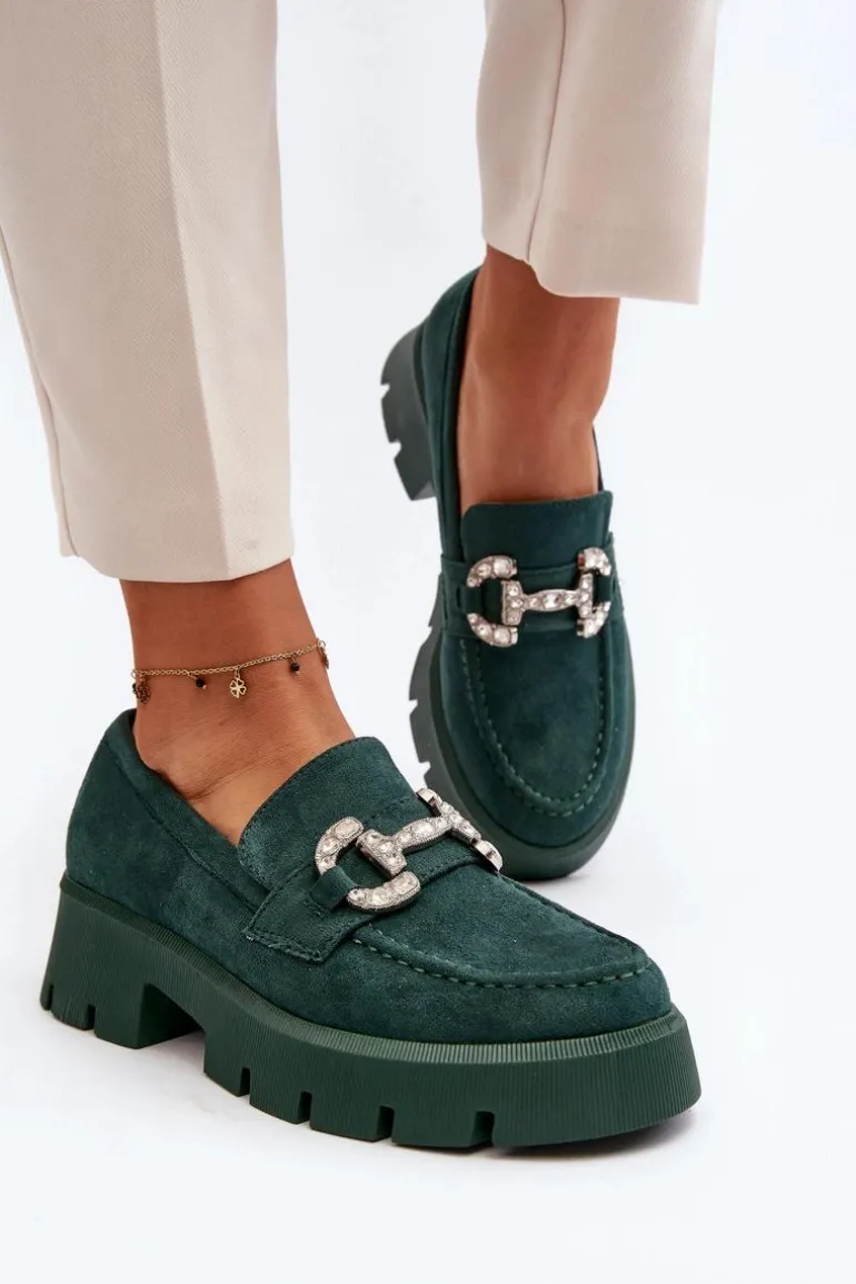 Damskie Mokasyny Z Ozdobą Zielone Ellise