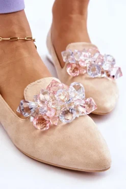 Damskie Mokasyny Z Ozdobami Na Płaskim Obcasie Beżowe Sloane