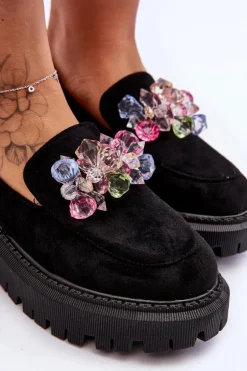 Damskie Mokasyny Z Ozdobnymi Kryształami Czarne Avril