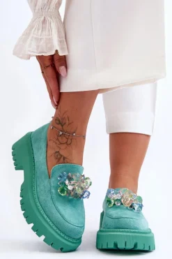 Damskie Mokasyny Z Ozdobnymi Kryształami Zielone Avril