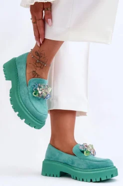 Damskie Mokasyny Z Ozdobnymi Kryształami Zielone Avril