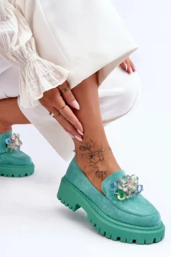 Damskie Mokasyny Z Ozdobnymi Kryształami Zielone Avril