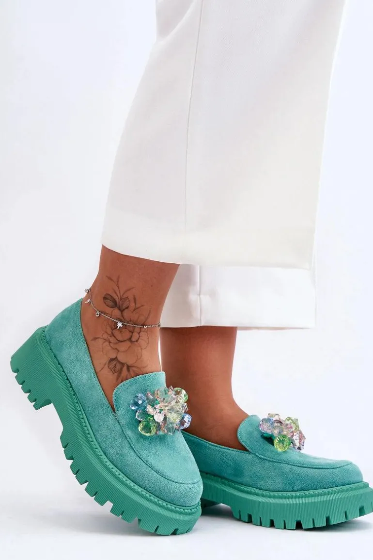 Damskie Mokasyny Z Ozdobnymi Kryształami Zielone Avril