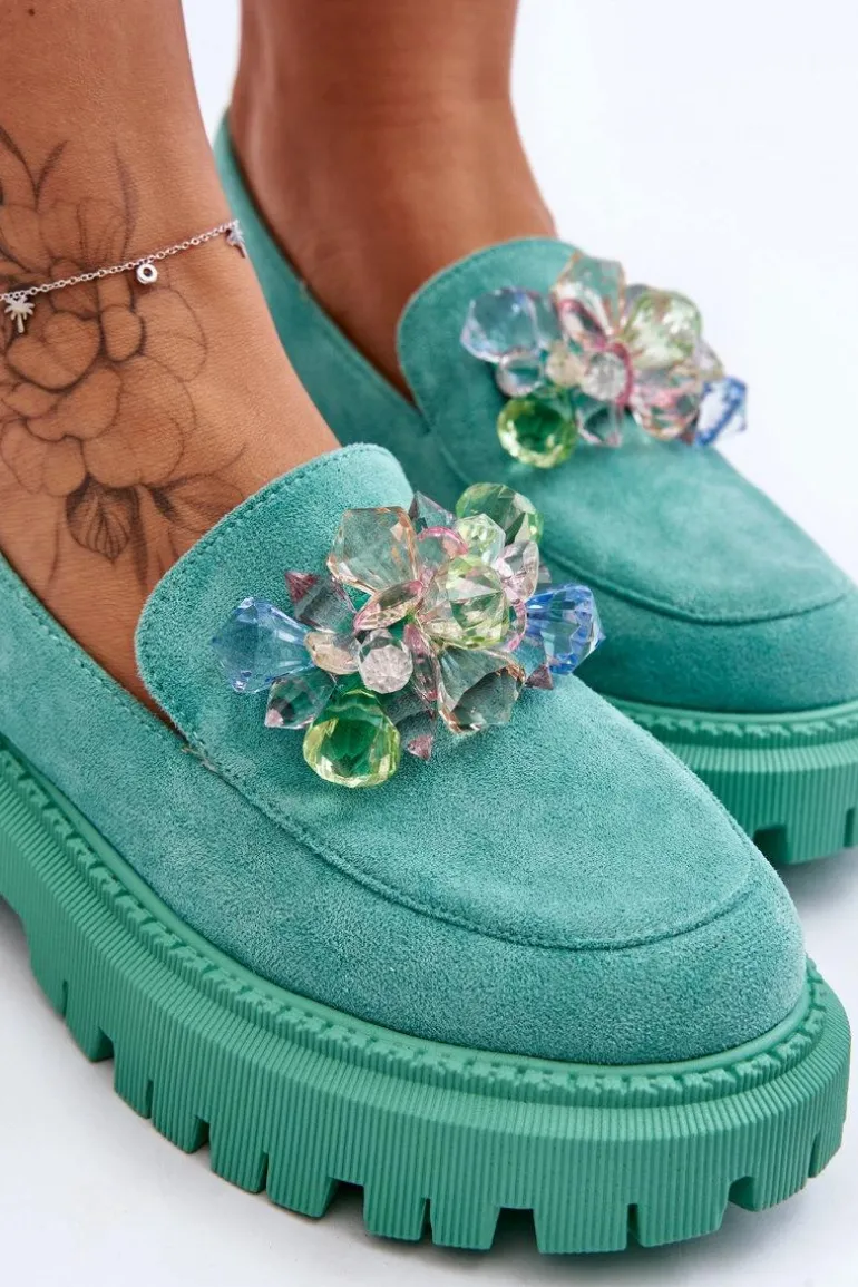 Damskie Mokasyny Z Ozdobnymi Kryształami Zielone Avril