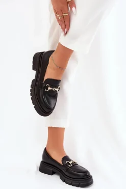 Damskie Mokasyny Ze Złotym Detalem Eko Skórzane Czarne Gemitha