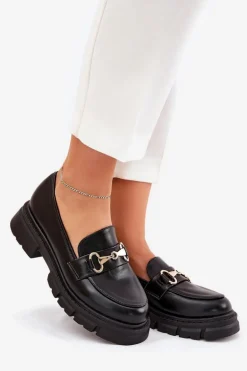 Damskie Mokasyny Ze Złotym Detalem Eko Skórzane Czarne Gemitha