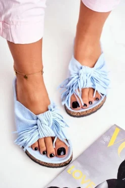 Damskie Niebieskie Klapki Na Korku Frędzle Marina