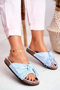 Damskie Niebieskie Klapki Na Korku Frędzle Marina