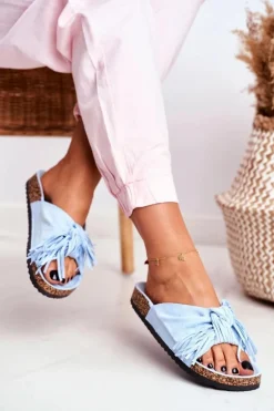 Damskie Niebieskie Klapki Na Korku Frędzle Marina