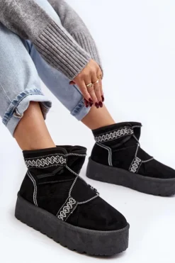 Damskie Śniegowce Na Grubej Podeszwie Z Wiązaniem Czarne Milson