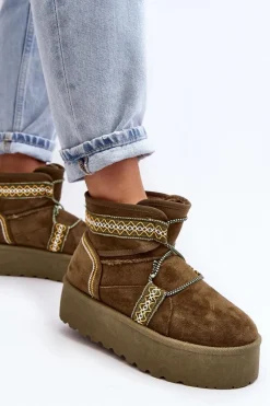 Damskie Śniegowce Na Grubej Podeszwie Z Wiązaniem Zielone Milson