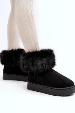 Damskie Śniegowce Na Platformie Z Futerkiem Czarne Mancy