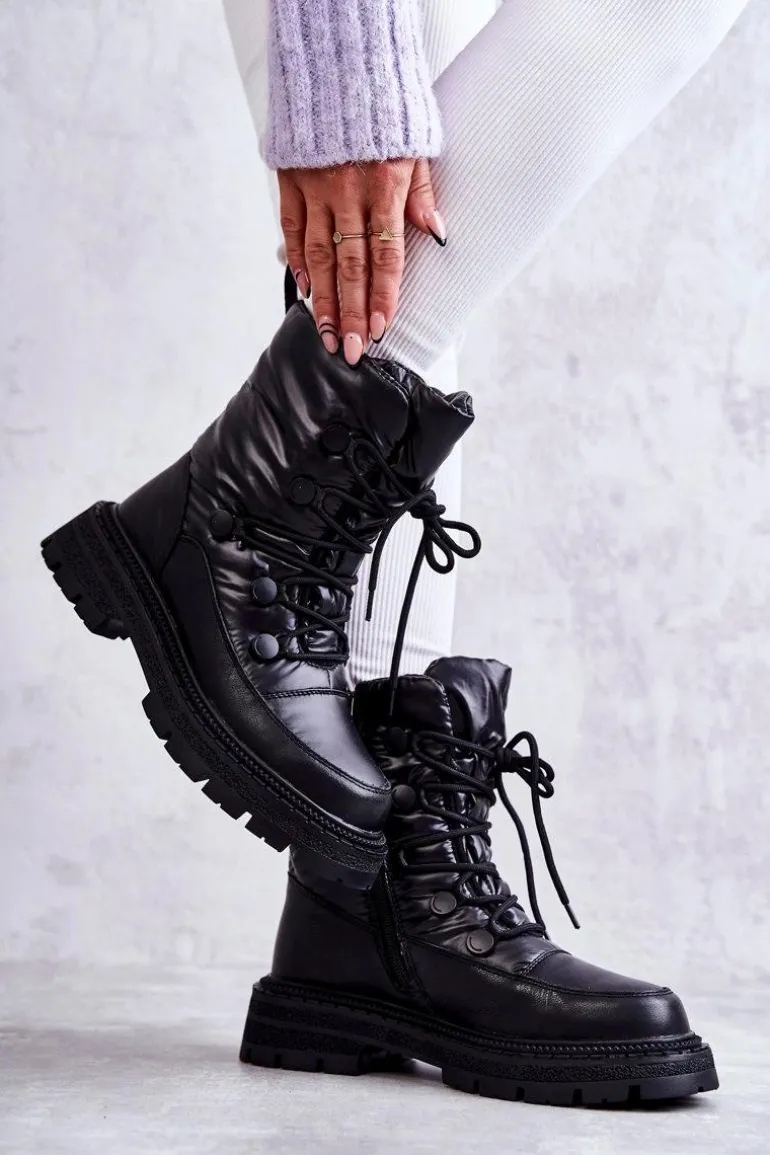 Damskie Śniegowce Sznurowane GOE KK2N4017 Czarne