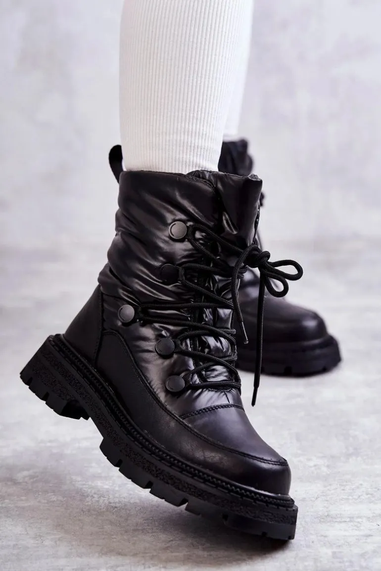 Damskie Śniegowce Sznurowane GOE KK2N4017 Czarne