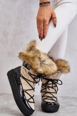 Damskie Śniegowce Sznurowane Beżowo-Czarne Santero