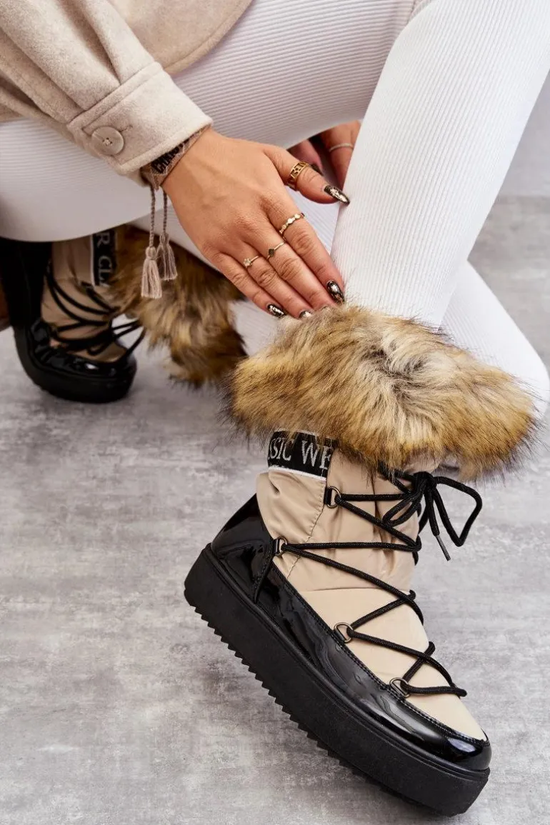 Damskie Śniegowce Sznurowane Beżowo-Czarne Santero