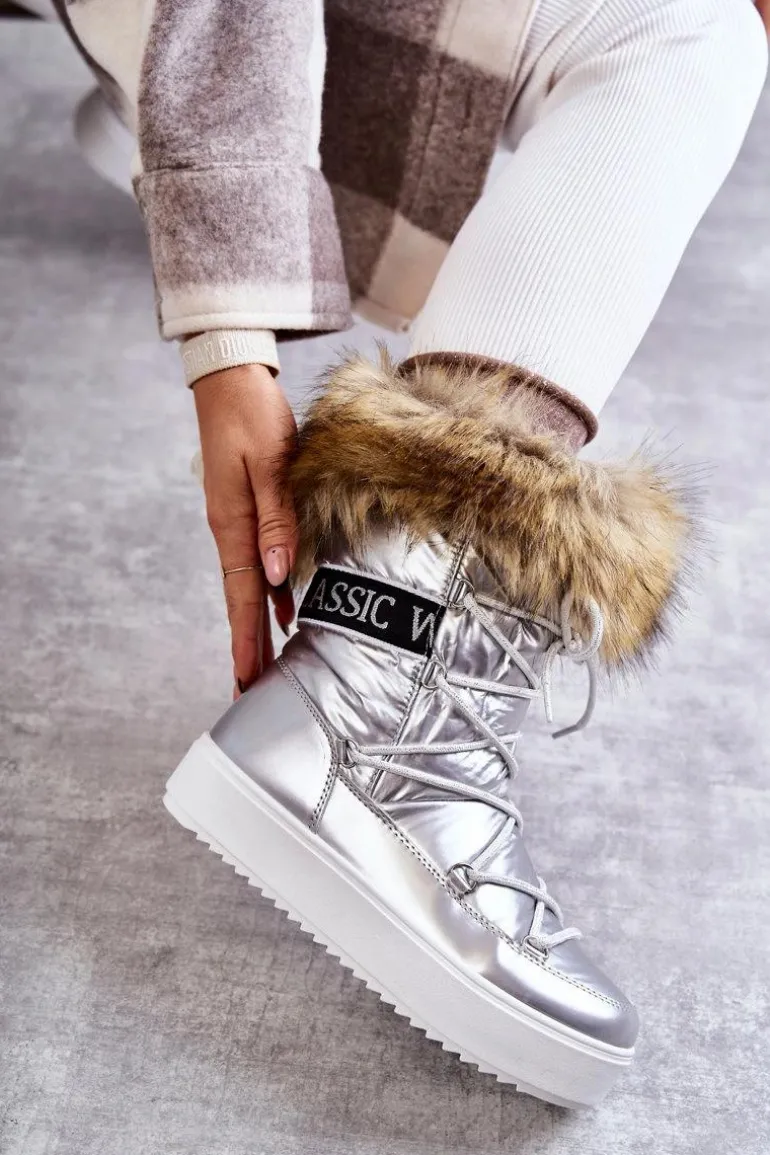 Damskie Śniegowce Sznurowane Srebrne Santero