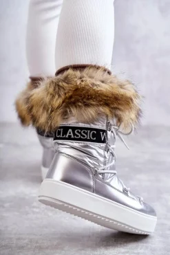 Damskie Śniegowce Sznurowane Srebrne Santero