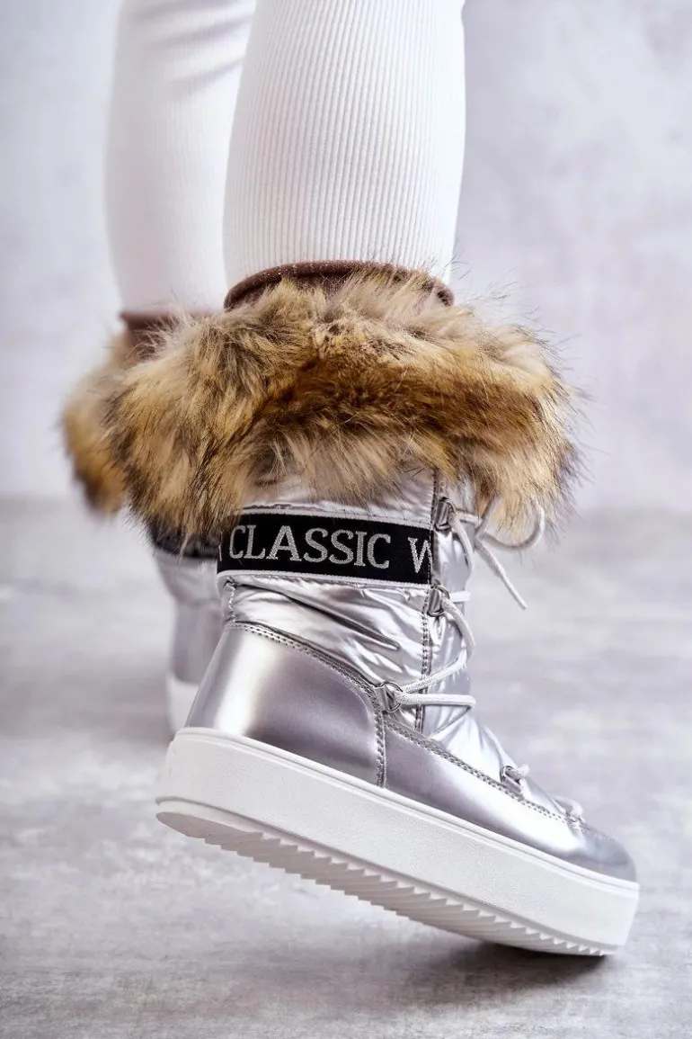 Damskie Śniegowce Sznurowane Srebrne Santero