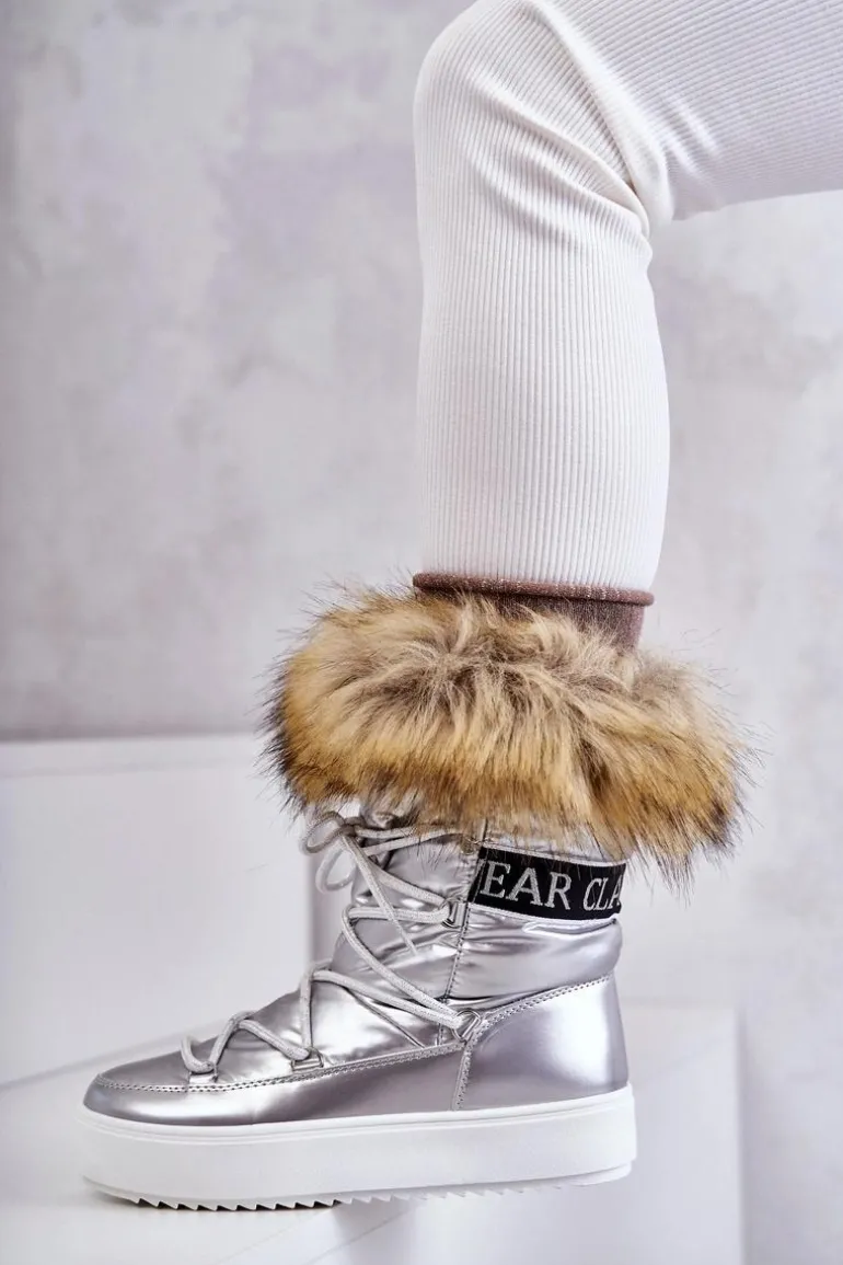 Damskie Śniegowce Sznurowane Srebrne Santero