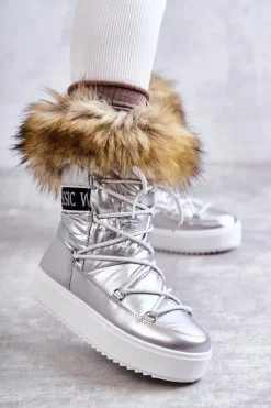 Damskie Śniegowce Sznurowane Srebrne Santero