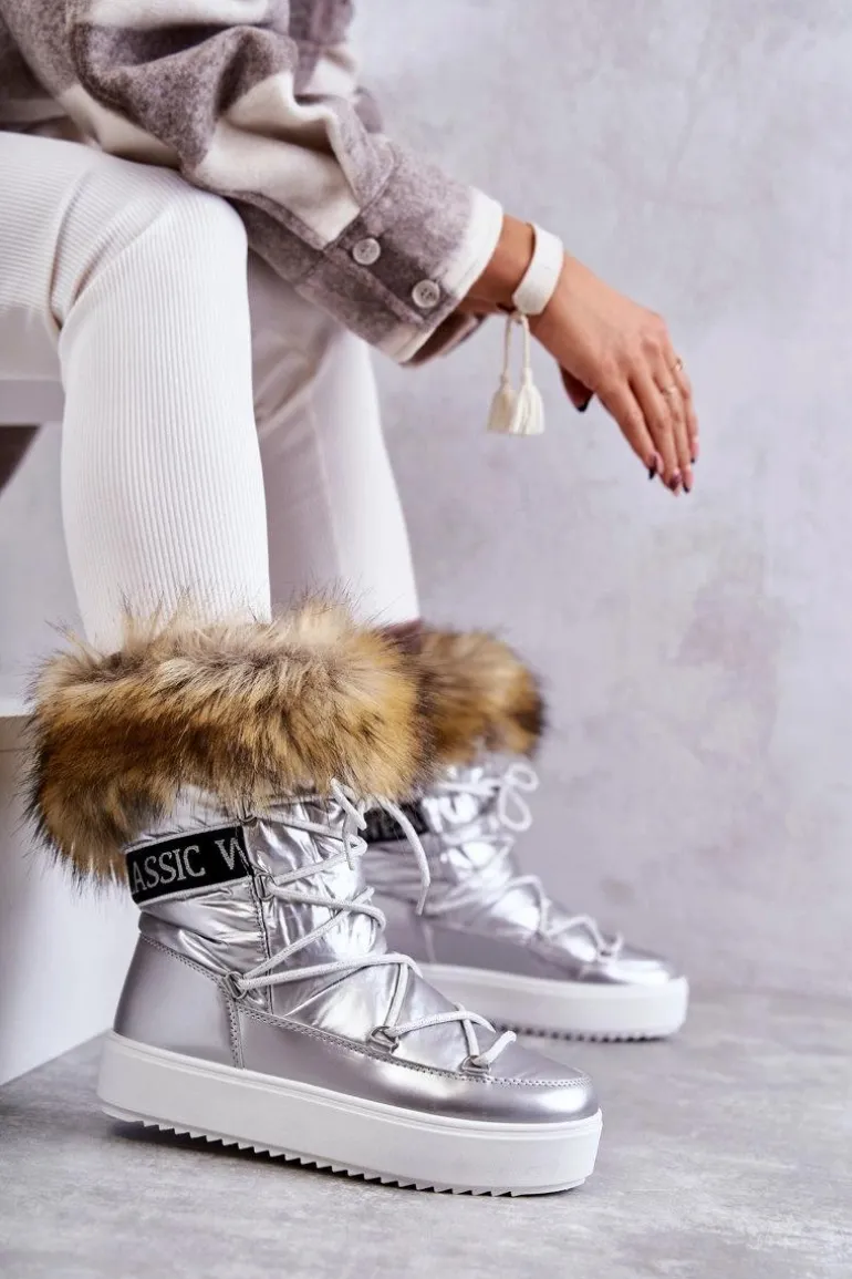 Damskie Śniegowce Sznurowane Srebrne Santero