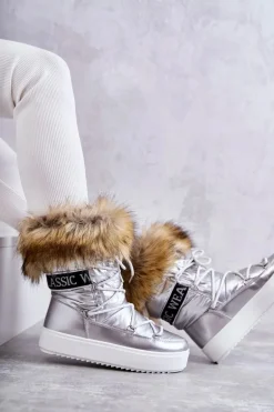 Damskie Śniegowce Sznurowane Srebrne Santero