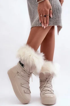 Damskie Śniegowce Sznurowane Jasnobeżowe Santero