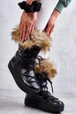 Damskie Śniegowce Sznurowane Czarne Santero