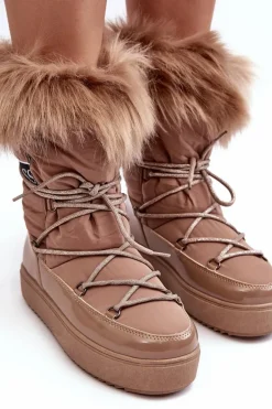 Damskie Śniegowce Sznurowane Ciemnobeżowe Santero