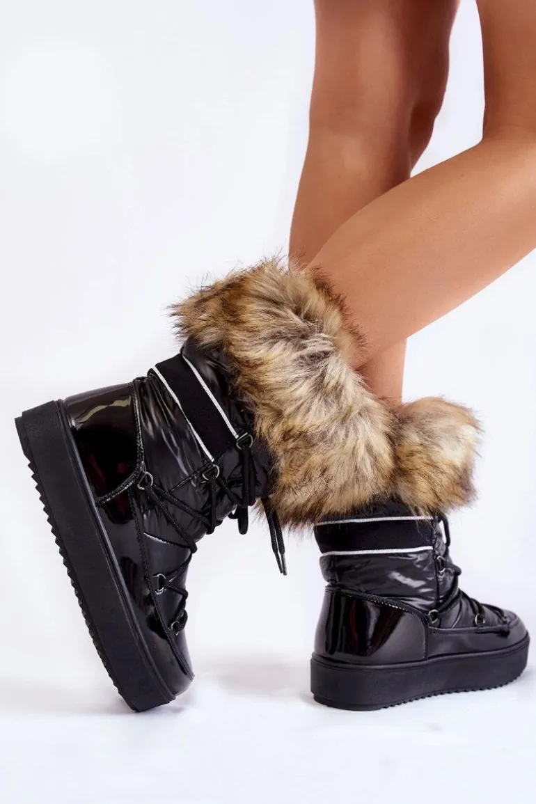 Damskie Śniegowce Z Futerkiem Sznurowane Czarne Shannon