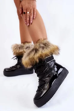 Damskie Śniegowce Z Futerkiem Sznurowane Czarne Shannon