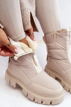 Damskie Śniegowce Z Suwakiem Ocieplane Futerkiem Jasnobeżowe Hixe