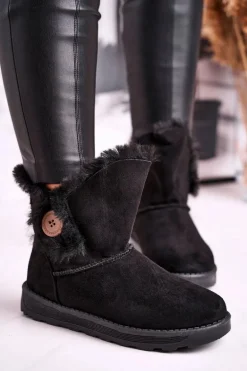 Damskie Śniegowce Zamszowe z Futerkiem Czarne Button