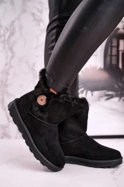 Damskie Śniegowce Zamszowe z Futerkiem Czarne Button