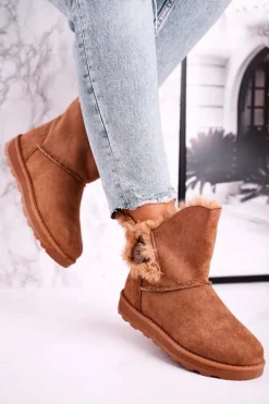 Damskie Śniegowce Zamszowe z Futerkiem Brązowe Button